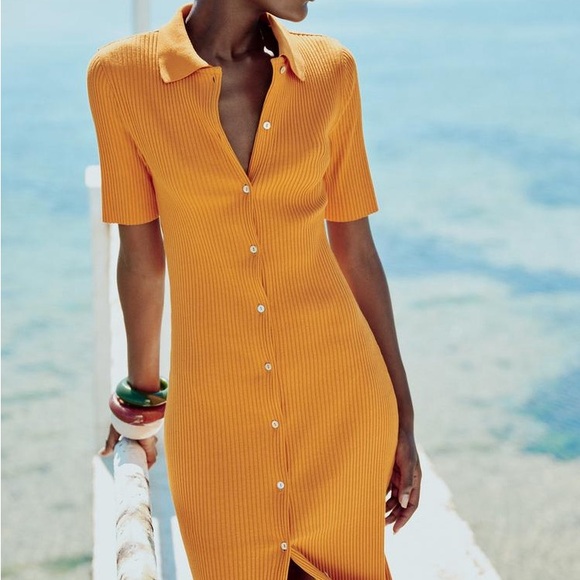 Orange Ribbed Button-Down Dress - Picture 4 of 4